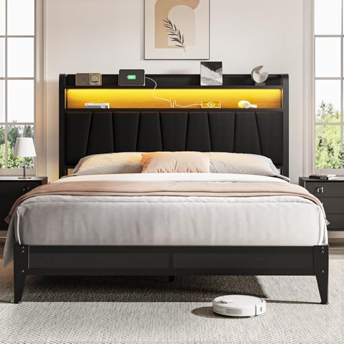 PROZENBDING Lit 140x200 avec sommier, Cadre de lit avec LED et Prise USB, Rangement 2 Niveaux dans la tête de lit, lit Double avec Lattes – sans Matelas, Noir