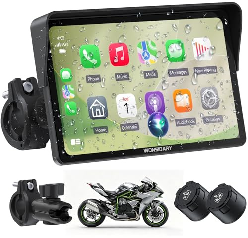Wonsidary W722TPMS 7 Zoll Motorrad CarPlay Display mit TPMS & Android Auto | Motorrad Navi Display mit IP67 Wasserdichtes ,Dual Bluetooth, Sprachsteuerung, EQ,USB & ACC Anschluss für Motorrad Reisen