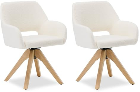 Homestyle4u 2er Set Esszimmerstühle Teddy Stoff Weiß Polsterstuhl drehbar 360° mit Armlehnen, Scandi Design Küchenstuhl mit Holzbeinen, Bouclé Sessel für Esszimmer, Wohnzimmer & Home Office