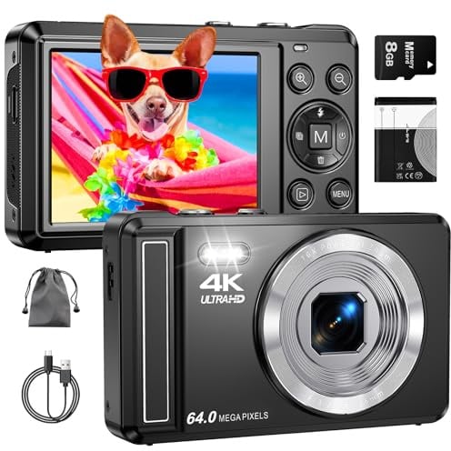 4K 64MP Digitalkamera, 2.8 Zoll UHD Autofokus Kamera fotokamera | Micro-SD-Karte & 1200mAh Akku,16X Digitalzoom Kompaktkamera für Teenager Erwachsene Anfänger