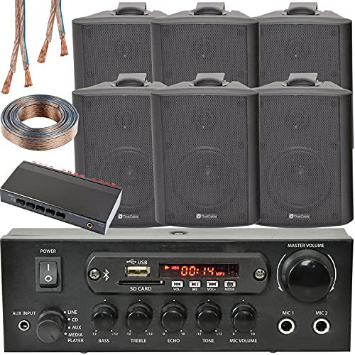 3 ZONE BLUETOOTH MUSIC KIT - 6x 70W 4” Black Wall Mounted Speaker 110W Stereo Amplifier Speaker Splitter Cable - ECHO ALEXA SPOTIFY