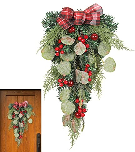Yeeda Corona de Navidad, coronas de Navidad para puerta principal, corona de la puerta para Navidad, corona de bolas de Navidad, decoración de manualidades con luces Bowknot bolas de flores