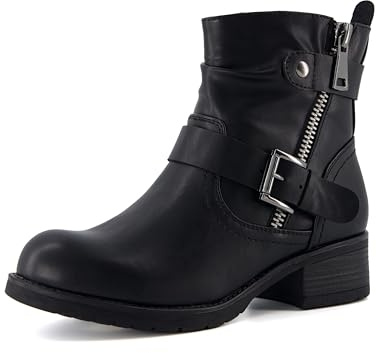 Dunes Max Motorcycle Womens Ankle Boots – Comfortable Booties for Women with Zipper & Buckle, Combat Boots Style, Memory Foam, Wide Width Options BLACK 8