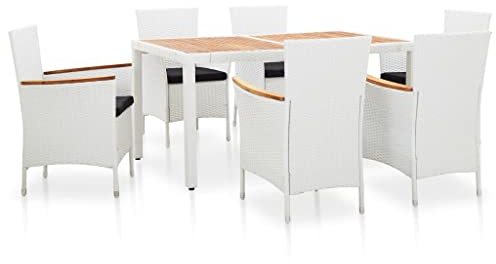 vidaXL Gartenmöbel 7-TLG. Gartengarnitur Sitzgruppe Gartenset Sitzgarnitur Gartentisch Tisch Stühle Poly Rattan Weiß Holz-Tischplatte