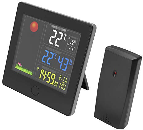 GadgetMonster Wetterstation mit Außensensor, digitales Thermometer für Innen und Außenbereich von -40 °C bis +50 °C, Uhrzeitanzeige, Wecker und Luftfeuchtigkeitsanzeige, schwarz