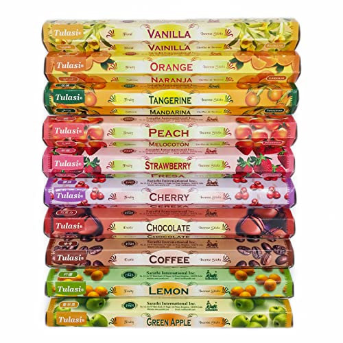 Pack 12 Schachteln mit natürlichen süßer und fruchtiger Räucherstäbchen – 6 verschiedene Düfte - Zimt, Vanille, Kokosnuss, Apfel und mehr – Zuhause, Meditation, Yoga, spirituell – 240 Stäbchen