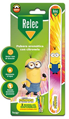 Relec Pulsera aromática con cintronela Minions con juguete extraible para actividades al aire libre, ofrece hasta 1 mes de duración