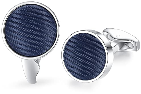 HONEY BEAR Rotondo gemelli per uomo - Nylon Tessuto modello a righe acciaio inox per regalo di nozze business (Blu marino)