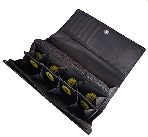 Geldbörse mit Münzfach und Geldscheinfach - 8 Separate Fächer - Euro Sortierer - Schein Fach - Geschenkidee aus Leder (Schwarz, XL)
