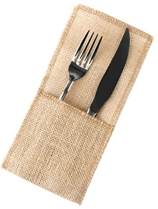 Duories Pack of 6 Vintage Lace Hessian Cutlery Bags, Cutlery Holders, Table Decoration for Weddings, Christmas, Rustic Parties, Restaurants, Style E