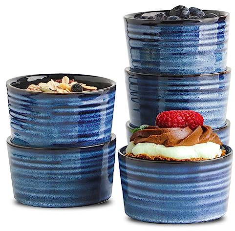 Hasense 6 oz Ramekins for Baking,Ceramic Souffle Dish Oven Safe Set of 6,Porcelain Dipping Sauce Bowls for Pudding, Creme Brulee, Souffle, Serving Dip, Custard, Ice Cream(Blue)