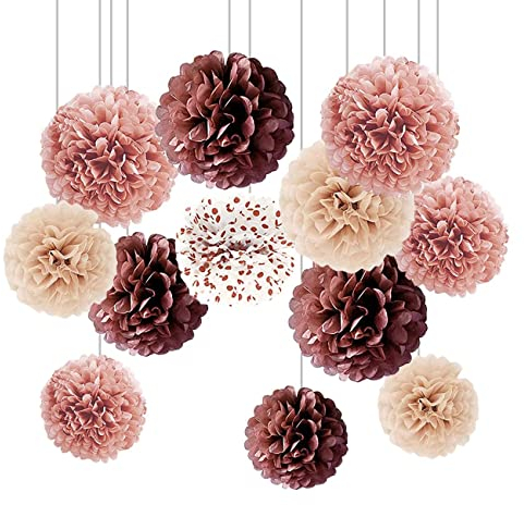 CC wonderland zone Hochzeit Deko,12 Stück Rosegold,Weinrot,Rosa Seidenpapier Pompons,Gold Dot Weiß Papier Pom Poms Seidenpompons für Party Deko