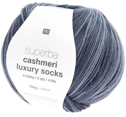 Superba Cashmeri Luxus-Sockenwolle, 4-fädig, 100 g – Rico Design – weich und luxuriös für Ihre Füße. Farbe: Blau (019 – Blau)