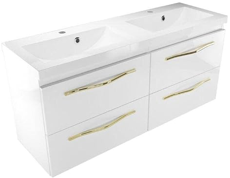 paplinskimoebel GIRONA Doppelter Waschbeckenunterschrank hängend 120cm breit, Badmöbel set mit Konglomerat-Waschbecken, 4 praktische Schubladen, Waschtisch wasserfestem PVC-Furnier, Weiss + Goldgriffe