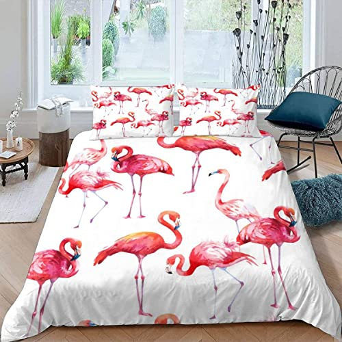ALABOW Flamingo Bettwäsche Set 135x200 cm 2teilig mit Reißverschluss Weiche und Angenehme Schlafkomfort Microfaser Bettbezug Tropisch Tier Flamingo Kinderbettwäsche mit Kissenbezug 80x80