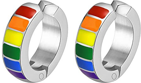 HIJONES Regenbogen Ohrclips aus Edelstahl Lgbt Pride Flagge Huggie Ohrstecker Nicht Durchbohrt Silber