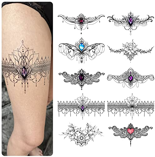 Sexy Spitzen-Fake-Tattoos, große temporäre Tattoos für Frauen, wasserfeste, langlebige temporäre Tattoos, Spitzen-Edelstein-Tattoos