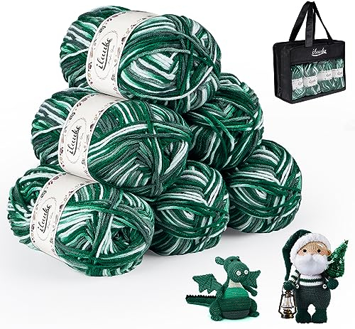 ilauke Acrylgarn zum Stricken, 6 Stück Handstrickgarn Farbverlauf Set, 6x50g Wolle zum Stricken und Häkeln Häkelgarn zum Häkeln und Kunsthandwerk für Anfänger und Kinder mit 1 Handtasche,Grün Weiß