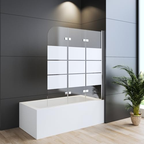 WDWRITTI Duschwand für Badewanne 120 x 140 cm Faltbar 3-teilig, Gestreift Badewannenaufsatz Duschtrennwand aus 6mm ESG Sicherheitsglas, Duschabtrennung für Badewanne