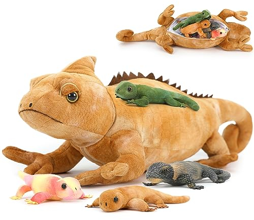 MorisMos 68cm lang Riesen Eidechse Kuscheltier mit 4 Babys im Bauch, Sand-Gelb Groß PlüschEidechse Kuscheltiere XXL, Flauschiger Stofftier Plüschtier Lizard Teddys Geschenk Weihnachten Neujahr