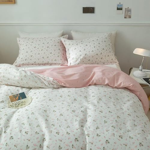 AMWAN Pink Floral Duvet Cover Full Size Cotton Garden Bedding Sets Kids Girls White Comforter Aesthetic Botanical Vintage Flower Print with Zipper Ties, Full (80''x90'')