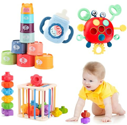 XAZASTOV Juguetes Montessori Bebes 6-12 Meses 4 en 1 Juguetes Bebes Juguete Educativos para Bebés Juguetes Sensoriales Niños con Cubo de Formas/Tirar de Cuerda/Tazas Apilables/Dentición