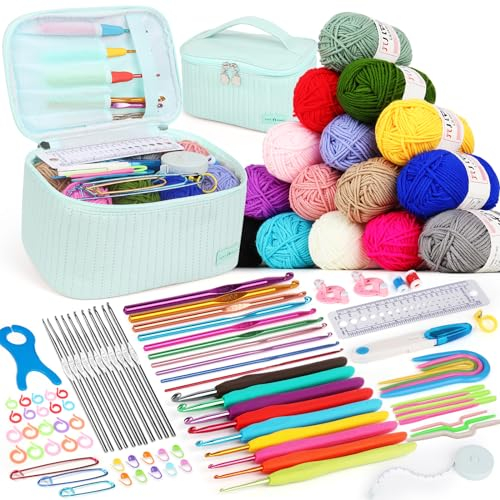 Aeeque Häkelset für Anfänger mit Ergonomisch Häkelnadel, Häkelnadel Set mit Acryl Wolle, Häkelset zum Häkeln Socken, Schals, Pullover, Decke, Bunte Häkelset für Arthritis mit Zubehör, Blau Tasche