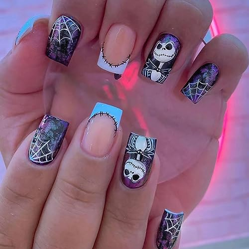 Clataly 24 PCS Halloween faux ongles toile d'araignée Ghost Moon Cross squelette faux ongles femme fille pressée sur les ongles (B)