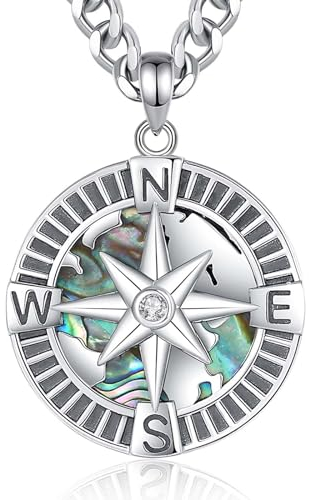 INFUSEU Collier Boussole, Argent Sterling 925 Pendentif Bleu Marine Carte Voyage Trident Bijoux Pensée Étoile Nord Carte De Surf Viking Coquillage D'ormeau Cadeaux Hommes