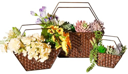JonesHouseDeco Set of 3 Bronze Planter Flower Pot Wall Mounted Hanging Vase Metal Honeycomb Shaped Artificial Succulent Planters Landscaping Home Decoration Indoor Outdoor (Rhombus Shape)