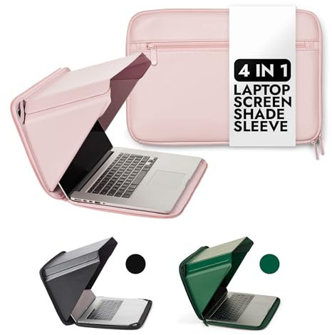 14 Laptop Sun Shade Sleeve with Built-in Hood | 4-in-1: Screen Shade, Privacy, Heat Protection, Contrast Enhancement | Made in Hemp and Vegan Leather - Pink