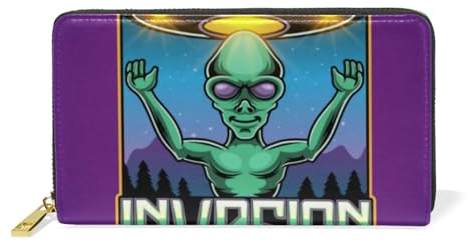 Invasion Extraterrestre Soucoupe Volante Portefeuille pour Femme Zipper Cuir Porte-Monnaie Titulaire de la Carte de Crédit pour Fille Hommes