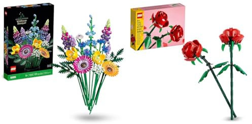 LEGO 10313 Icons Bouquet de Fleurs Sauvages, Plantes Artificielles avec Coquelicots et Lavande & Creator Les Roses, Set de Fleurs Artificielles pour Filles et Garçons Dès 8 Ans