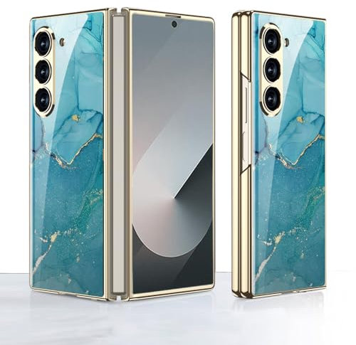 Kompatibel mit Samsung Galaxy Z Fold6 5G Hülle, Z Fold6 ultradünnes Glas glänzend lackierte Handyhülle, Faltbare Handyhülle für Samsung Z Fold 6 2024-blauer See