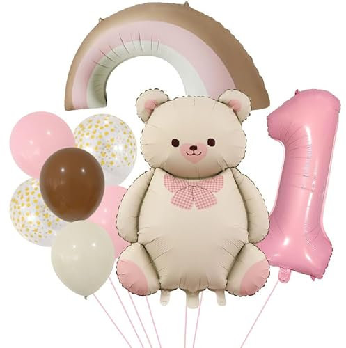 DazzJoy Bär Geburtstagsdeko 1 Jahr Mädchen, Luftballon Deko 1. Geburtstag Mädchen Junge, Regenbogen Bär Luftballons Deko Kindergeburtstag 1 Jahr Mädchen, Bären Folienballon 1 Geburtstag Mädchen Deko