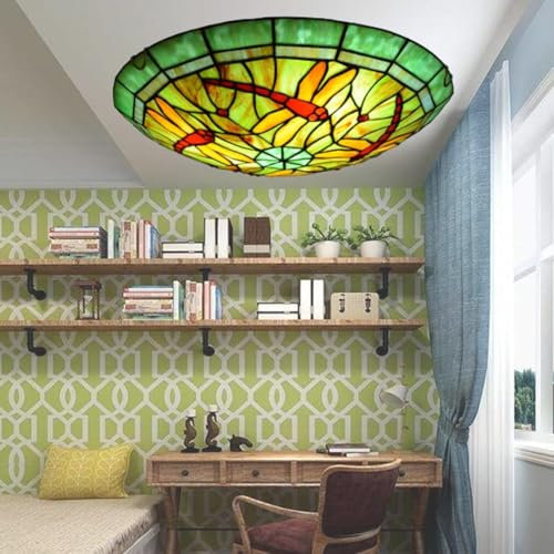 E27 LED Deckenleuchte Tiffany-stil Vintage Glas Schlafzimmer Libelle Lampe Deckenlampe Antik Klassisch Rustikal Runde Wohnzimmer Retro Kreativ Deckenbeleuchtung für Büro Küche Esszimmer Balkon (40cm)