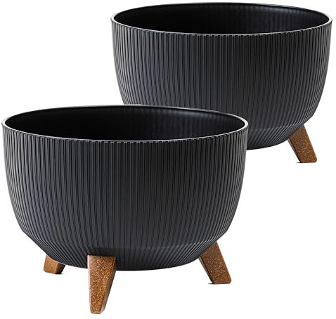 Tymar Macetero con patas, macetas para exteriores, maceta grande, macetero, macetero, macetero, macetero redondo (2 unidades), color negro, diámetro de 24 cm
