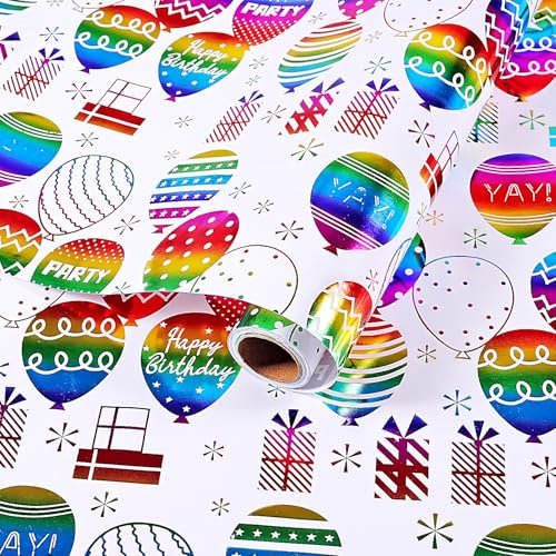 Geschenkpapier Geburtstag Rolle, 43cmx10m Metallic Folie Geschenkpapier, Niedlicher Ballon Geschenkpapierrolle für Kinder Erwachsene, Bunte Geschenkpapierrolle für Geburtstag Party