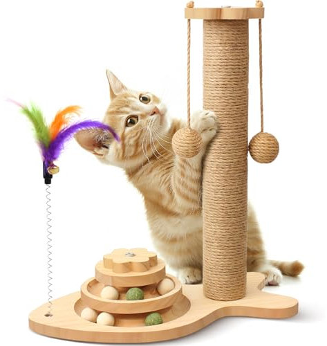 Multifunctional Cat Scratching Post – Scratching Post for Indoor Cats with Widened Solid Wood Base, Two Sisal Rope Balls, Interactive Track & Spring Feather Toy, 43cm Tall.