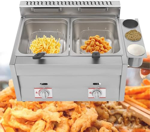 Kindevieft Friteuse à Gaz De Comptoir en Acier Inoxydable, Friteuse à Gaz Gpl Commerciale avec 2 Paniers, Marmite à Huile Au Propane Gpl, Machine à Frire De Cuisine pour Restaurant