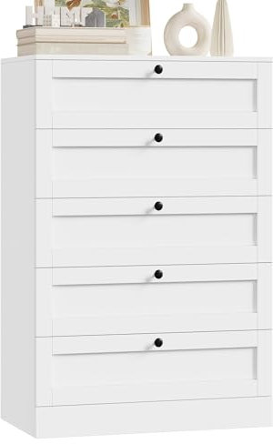 HOCSOK Kommode, 111cm Kommode Weiß, Sideboard mit 5 Schubladen, Kommodenschrank für Wohnzimmer, Schlafzimmer, Flur, Kinderzimmer, Büro, 74x40x111 cm