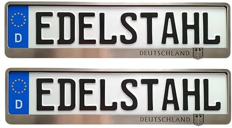 2 x Kennzeichenhalter mit Aufschrift Deutschland - Auto Nummernschildhalter Rahmen Edelstahl Poliert - Nummernschild Kennzeichenhalterung - Auto Kennzeichen (2X Edelstahl Poliert)