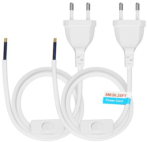 Euro Netzkabel mit Schalter [2 Stück], 8 Meter Euro Stecker Stromkabel, 2 X Ersatzkabel Anschlusskabel mit Schalter Typ C, 2 x 0,75 mm², für Leuchten, Lampen, Leuchtmittel, Weiß