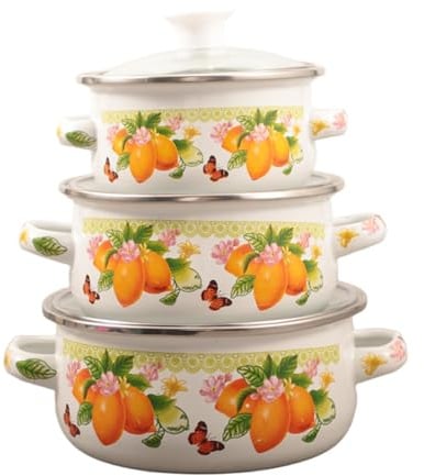 ＡＷＨＡＯ 3 Teiliges Emaille Kochtopf Set mit Deckel, Suppentopf, Eintopf, Mehrzweck Induktionskochgeschirr, Retro Design, Geeignet Zum Kochen, 2