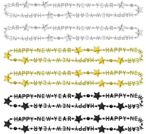 lokxmve 6 Stück Happy New Year Perlenkette Silvester Deko Silvester Foto Requisiten Party Zubehör SilvesterAccessoires Schwarz Gold Silber Neujahr Deko Halsketten für Silvesterparty