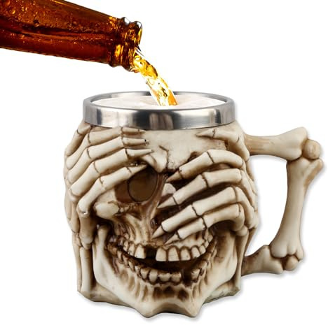 BAYINBROOK 3D Tasse en Acier Inoxydable, Mug Crâne Gothique, Chope Médiévale en Forme de Crâne et Tasse à Café, Idée Cadeau Halloween Créative, Verre Unique au Style Vintage (B)