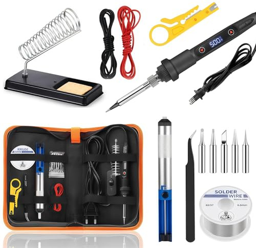 Soldador de Estaño 80W Kit Profesional 15 en 1,Interruptor ON/OFF,Temperatura Ajustable 180-500°C,5 Puntas de Repuesto para Reparación, DIY, Bombas de Soldadura