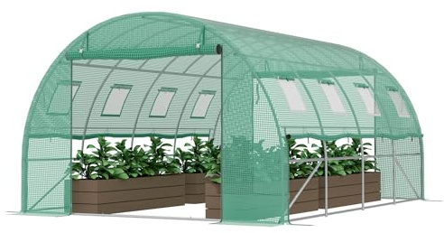 Froadp Gewächshaus Folientunnel 3 x 4 x 2 m, Tomatenhaus mit verzinktem Stahlrahmen, Foliengewächshaus mit Fenstern & Reißverschlusstüren, Gartengewächshaus für Gemüse & Pflanzen, Grün