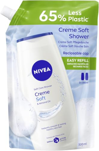 NIVEA Creme Soft Pflegedusche Nachfüllbeutel, pH-hautneutrales Duschgel mit Vitaminen und wertvollen Ölen, Cremedusche im wiederverschließbaren Nachfüllpack (500 ml)