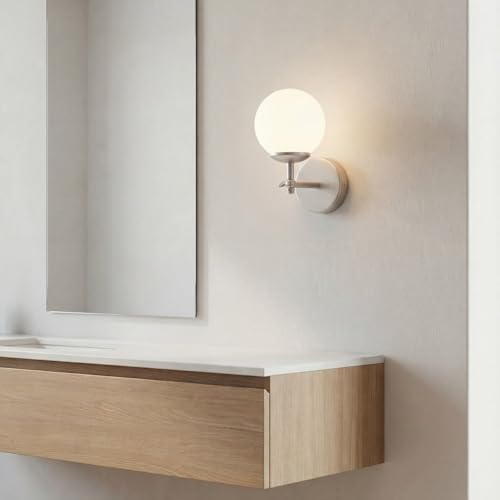 Licht-Erlebnisse Wandlampe Metall Glas H: 24 cm in Silber Weiß Kugel Schirm Retro E27 Wandleuchte Flur Wohnzimmer